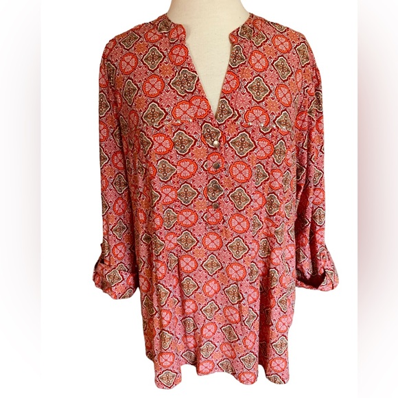 Cocomo Tops - COCOMO Orange floral 3/4 sleeve Plus Size women’s Pintuck Blouse tunic 3X